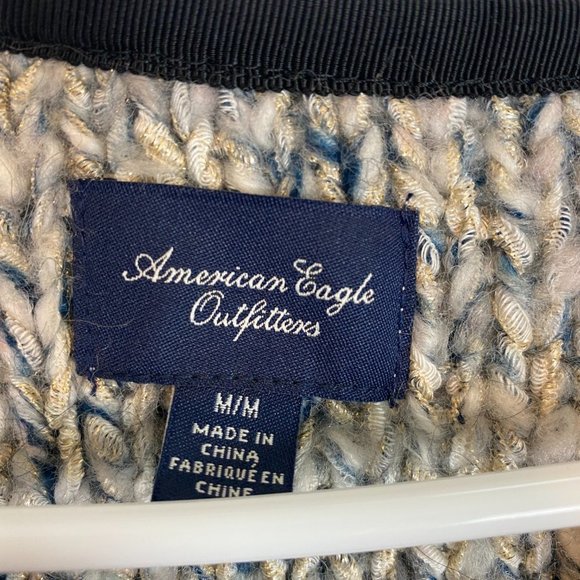 American Eagle Metallic Wool Sweater Zipper Cardigan Jacket Knit Navy White M - Picture 4 of 10